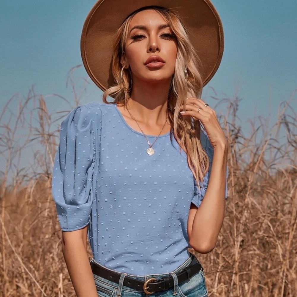 Shein Blue Swiss Dot Puff Round Neck Short Sleeve Blouse